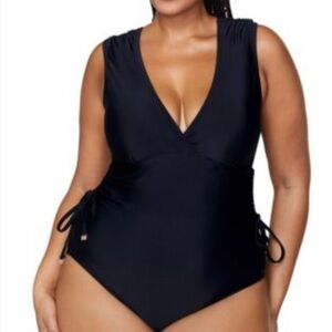 NWT Raisins Black One Piece Swimsuit with Plunging V-Neckline Size 18W